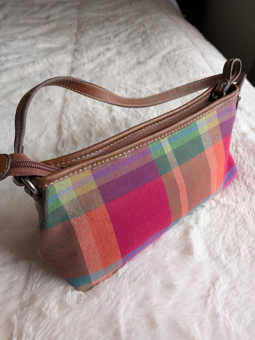 Colorful Plaid Wristlet Purse with Brown Trim